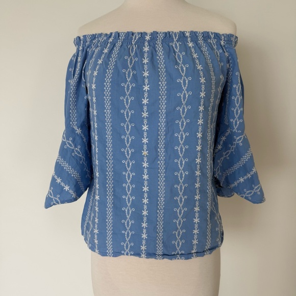 Koret Tops - Koret Blue Off-Shoulder Blouse with White Embroidery // Size S